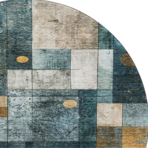HomeRoots 8' Teal Brown Ivory Geometric Round Rug – Washable, Durable, UV-Protected, Perfect for Family Spaces! 685261