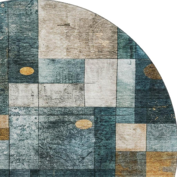 HomeRoots 8' Teal Brown Ivory Geometric Round Rug – Washable, Durable, UV-Protected, Perfect for Family Spaces! 685261