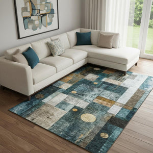HomeRoots 8' X 10' Geometric Teal, Brown & Ivory Washable Area Rug - UV Protected, Durable & Stylish Design 685262