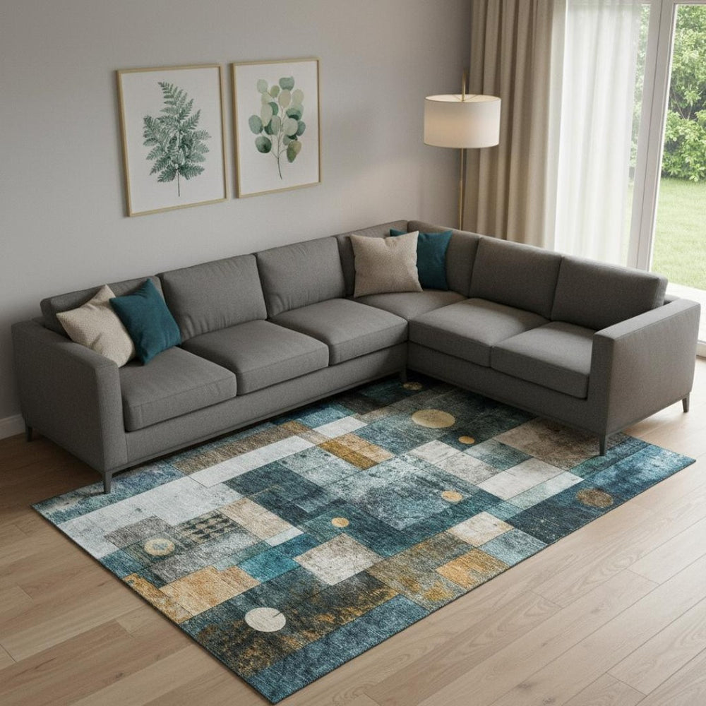 HomeRoots 9' X 12' Teal Brown Ivory Geometric Area Rug - Washable, UV-Protected, Durable for High-Traffic Spaces 685263