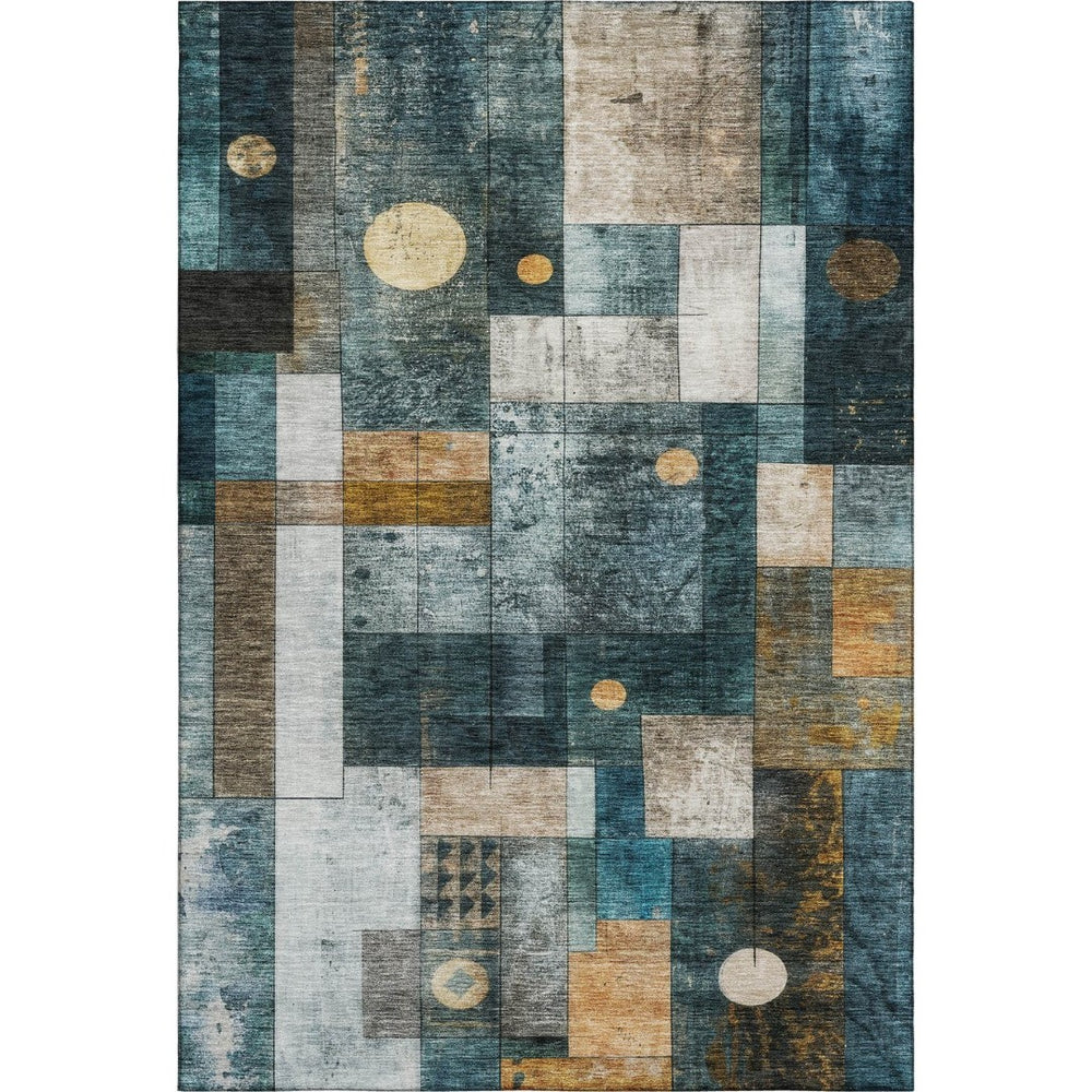 HomeRoots 9' X 12' Teal Brown Ivory Geometric Area Rug - Washable, UV-Protected, Durable for High-Traffic Spaces 685263