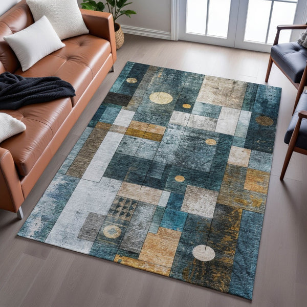 HomeRoots 9' X 12' Teal Brown Ivory Geometric Area Rug - Washable, UV-Protected, Durable for High-Traffic Spaces 685263