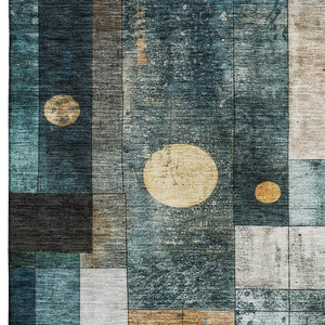 HomeRoots 9' X 12' Teal Brown Ivory Geometric Area Rug - Washable, UV-Protected, Durable for High-Traffic Spaces 685263