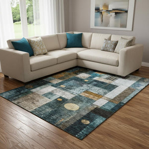 HomeRoots 10' X 14' Teal, Brown & Ivory Geometric Area Rug - Washable, UV Protected, Durable for Busy Homes! 685264