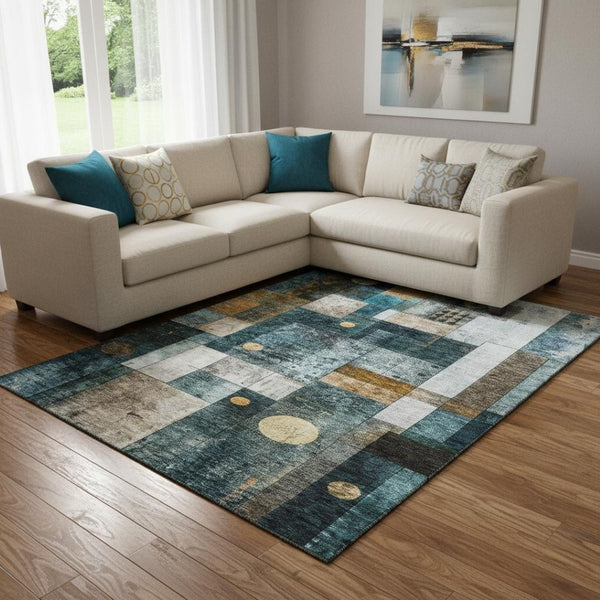 HomeRoots 10' X 14' Teal, Brown & Ivory Geometric Area Rug - Washable, UV Protected, Durable for Busy Homes! 685264