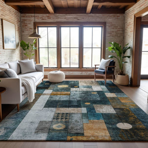 HomeRoots 10' X 14' Teal, Brown & Ivory Geometric Area Rug - Washable, UV Protected, Durable for Busy Homes! 685264