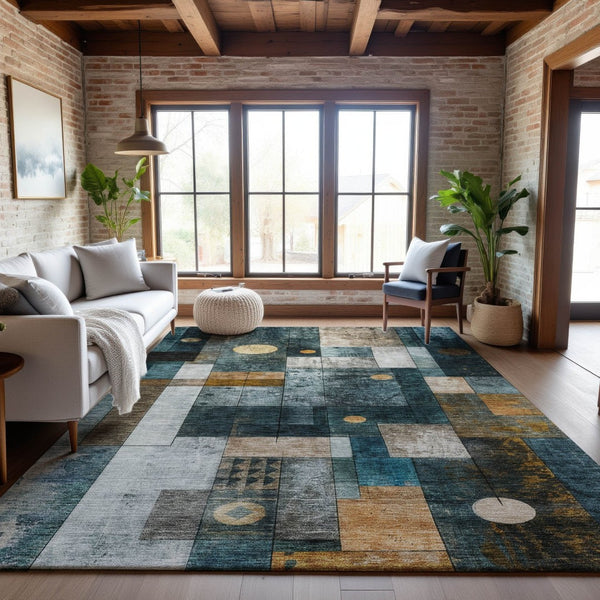 HomeRoots 10' X 14' Teal, Brown & Ivory Geometric Area Rug - Washable, UV Protected, Durable for Busy Homes! 685264
