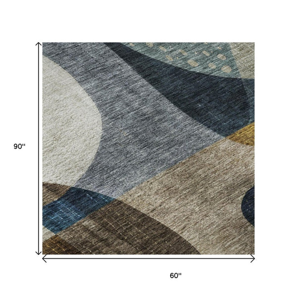 HomeRoots 5' X 8' Abstract Geometric Area Rug in Blue, Gold, and Beige - Washable, UV-Protected, and Stylish 685266