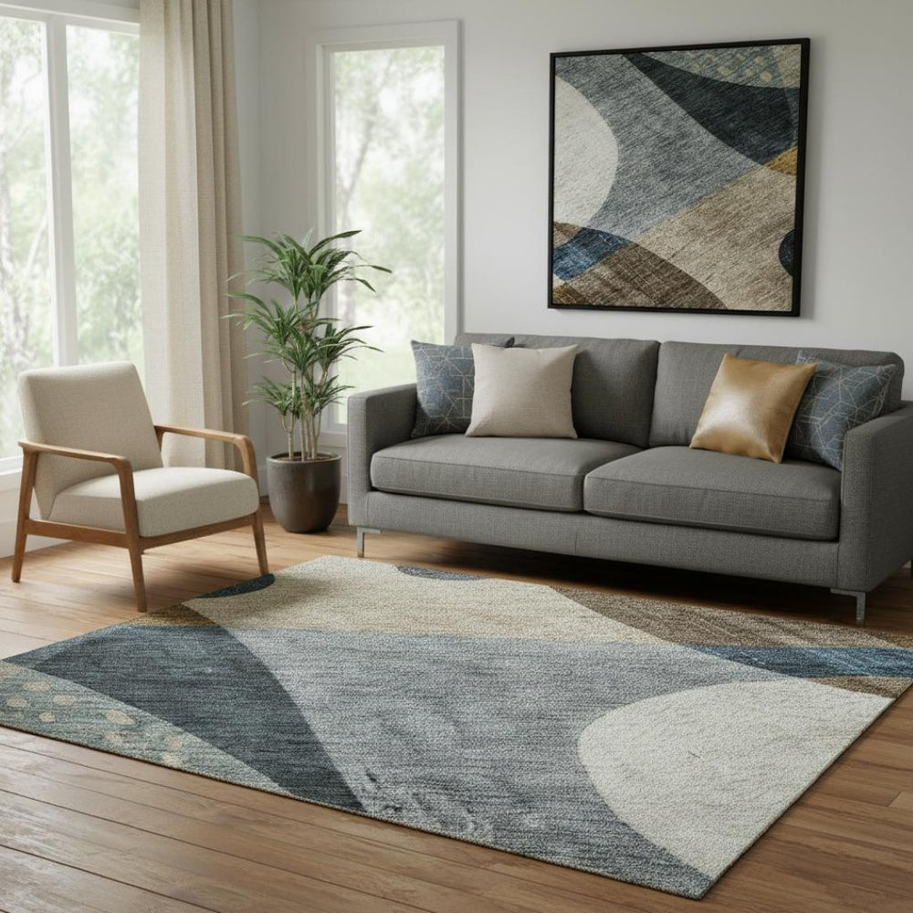 HomeRoots 5' X 8' Abstract Geometric Area Rug in Blue, Gold, and Beige - Washable, UV-Protected, and Stylish 685266