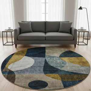 HomeRoots 8' Blue Gold and Beige Abstract Round Rug - Washable, UV Protected, Durable Design for Busy Homes 685267