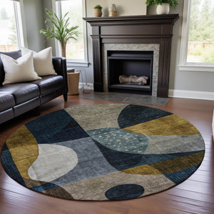 HomeRoots 8' Blue Gold and Beige Abstract Round Rug - Washable, UV Protected, Durable Design for Busy Homes 685267