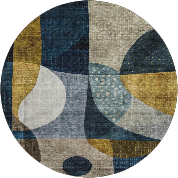 HomeRoots 8' Blue Gold and Beige Abstract Round Rug - Washable, UV Protected, Durable Design for Busy Homes 685267