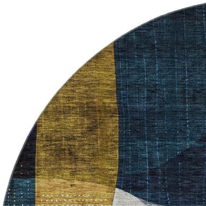 HomeRoots 8' Blue Gold and Beige Abstract Round Rug - Washable, UV Protected, Durable Design for Busy Homes 685267