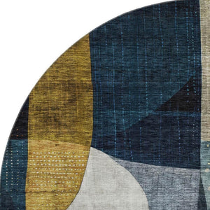 HomeRoots 8' Blue Gold and Beige Abstract Round Rug - Washable, UV Protected, Durable Design for Busy Homes 685267