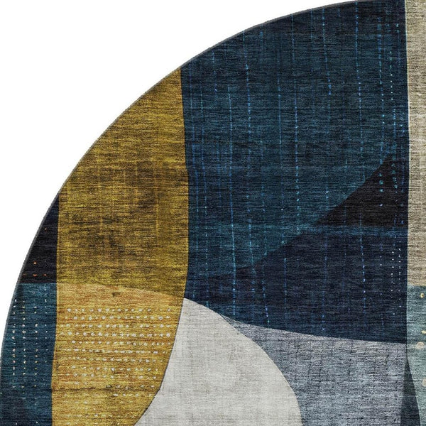 HomeRoots 8' Blue Gold and Beige Abstract Round Rug - Washable, UV Protected, Durable Design for Busy Homes 685267