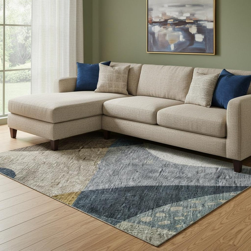 HomeRoots 8' X 10' Abstract Geometric Washable Area Rug in Blue Gold Beige - UV Resistant & Stain-Repellent! 685268
