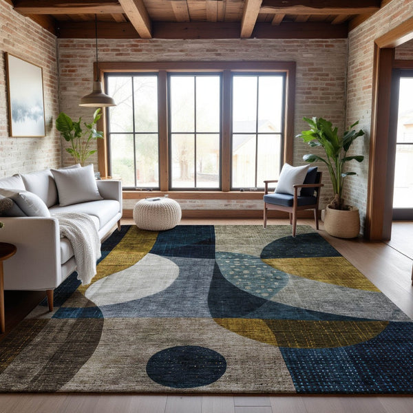 HomeRoots 9' X 12' Washable Blue Gold Beige Abstract Geometric Area Rug with UV Protection for Modern Spaces 685269