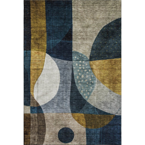 HomeRoots 9' X 12' Washable Blue Gold Beige Abstract Geometric Area Rug with UV Protection for Modern Spaces 685269