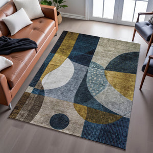 HomeRoots 9' X 12' Washable Blue Gold Beige Abstract Geometric Area Rug with UV Protection for Modern Spaces 685269