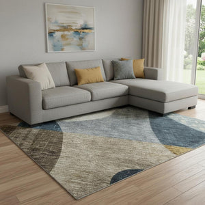 HomeRoots 10' X 14' Washable Area Rug in Blue, Gold & Beige - Stylish Geometric Design with UV Protection! 685270