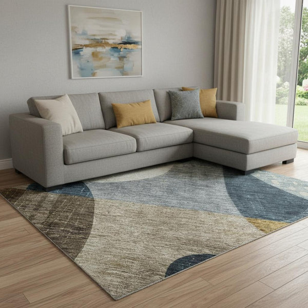 HomeRoots 10' X 14' Washable Area Rug in Blue, Gold & Beige - Stylish Geometric Design with UV Protection! 685270