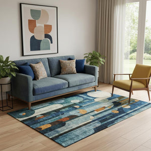 HomeRoots 5' X 8' Geometric Area Rug in Blue, Copper & Ivory – Washable, UV-Protected, Stylish & Durable Decor 685272