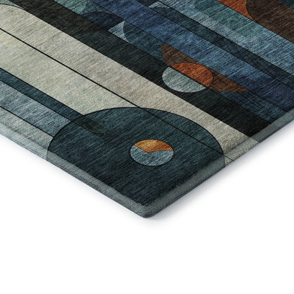 HomeRoots 5' X 8' Geometric Area Rug in Blue, Copper & Ivory – Washable, UV-Protected, Stylish & Durable Decor 685272
