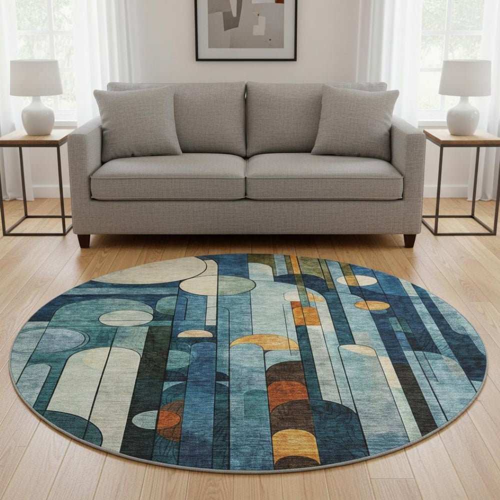 HomeRoots 8' Blue Copper and Ivory Geometric Washable Round Rug – UV Protected, Durable, Stylish for Homes 685273