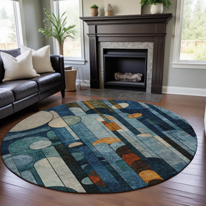 HomeRoots 8' Blue Copper and Ivory Geometric Washable Round Rug – UV Protected, Durable, Stylish for Homes 685273