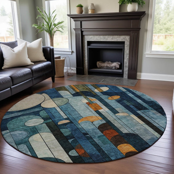 HomeRoots 8' Blue Copper and Ivory Geometric Washable Round Rug – UV Protected, Durable, Stylish for Homes 685273