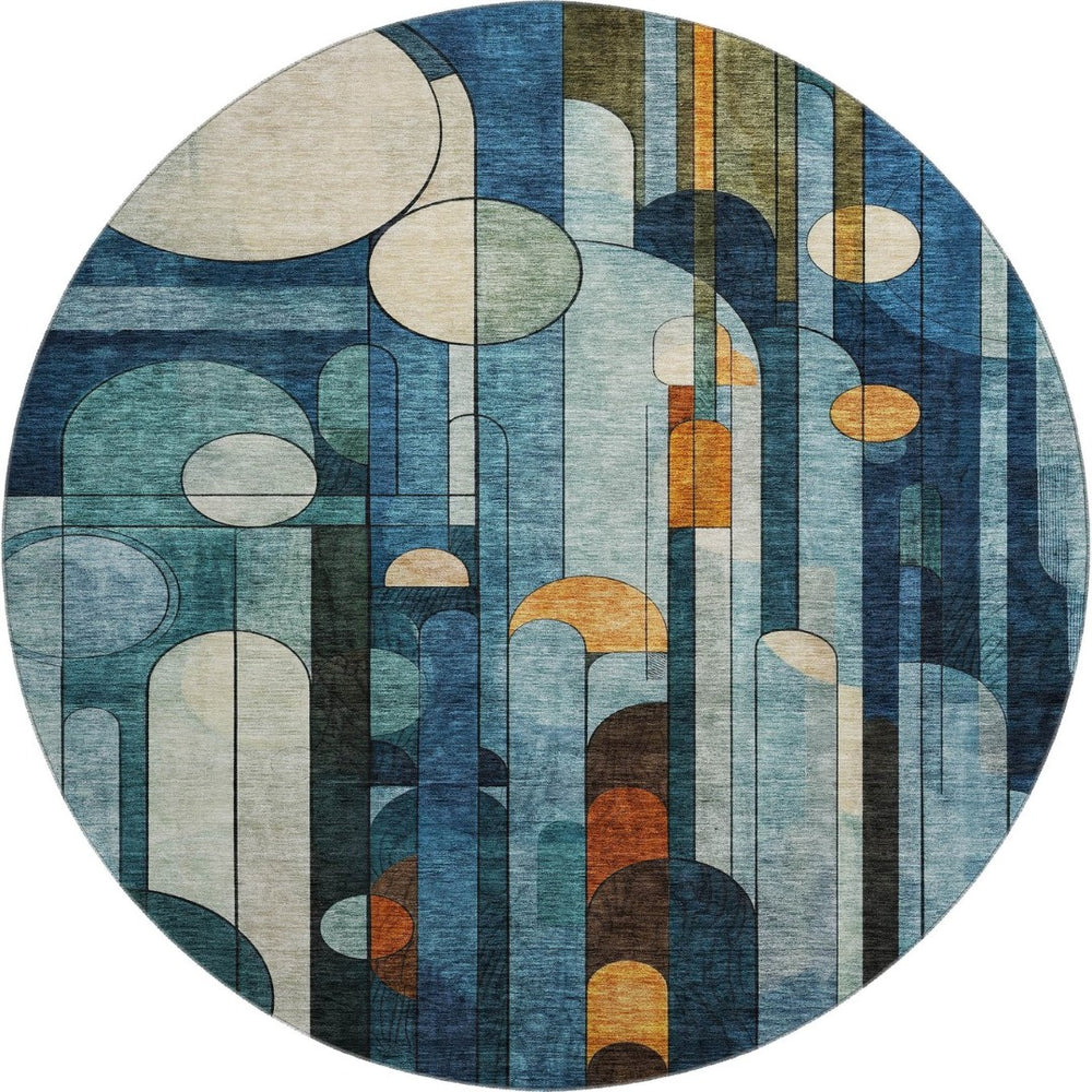 HomeRoots 8' Blue Copper and Ivory Geometric Washable Round Rug – UV Protected, Durable, Stylish for Homes 685273