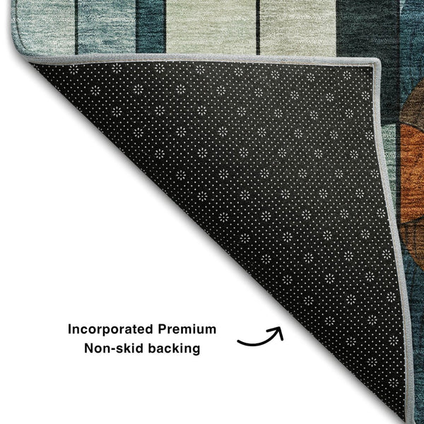 HomeRoots 8' Blue Copper and Ivory Geometric Washable Round Rug – UV Protected, Durable, Stylish for Homes 685273