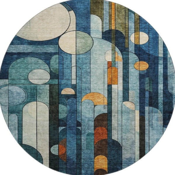 HomeRoots 8' Blue Copper and Ivory Geometric Washable Round Rug – UV Protected, Durable, Stylish for Homes 685273