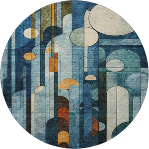 HomeRoots 8' Blue Copper and Ivory Geometric Washable Round Rug – UV Protected, Durable, Stylish for Homes 685273