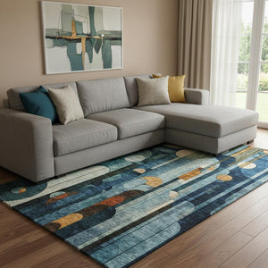 HomeRoots 8' X 10' Blue Copper Ivory Geometric Area Rug – Washable, UV Protected, Ideal for Family Spaces 685274