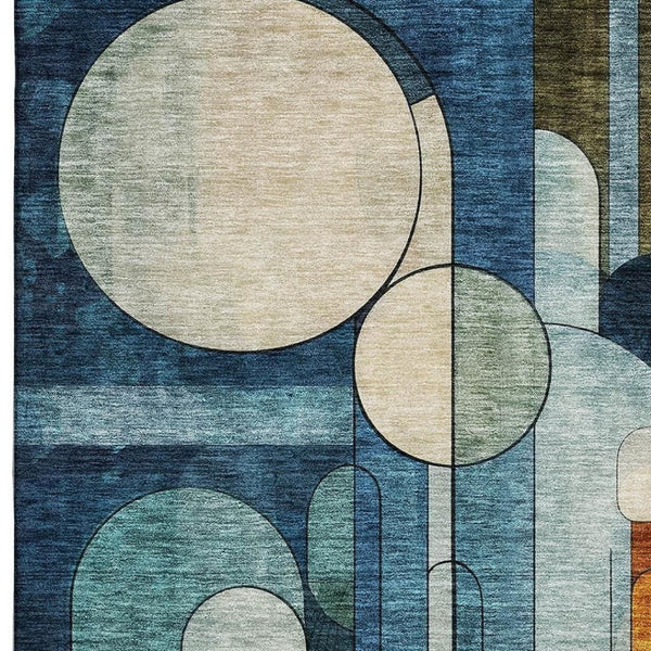 HomeRoots 8' X 10' Blue Copper Ivory Geometric Area Rug – Washable, UV Protected, Ideal for Family Spaces 685274