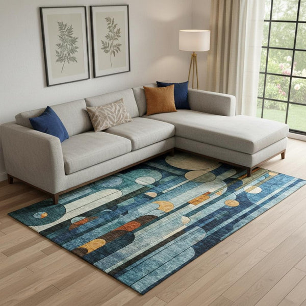 HomeRoots 9' X 12' Blue Copper Ivory Geometric Area Rug – Stylish, Washable, UV-Protected for Modern Homes 685275