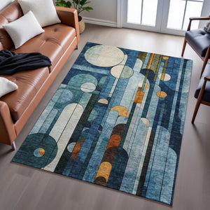 HomeRoots 9' X 12' Blue Copper Ivory Geometric Area Rug – Stylish, Washable, UV-Protected for Modern Homes 685275