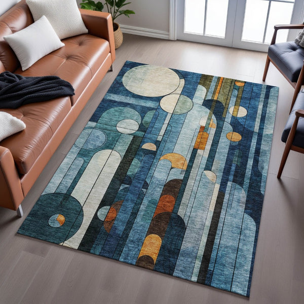 HomeRoots 9' X 12' Blue Copper Ivory Geometric Area Rug – Stylish, Washable, UV-Protected for Modern Homes 685275