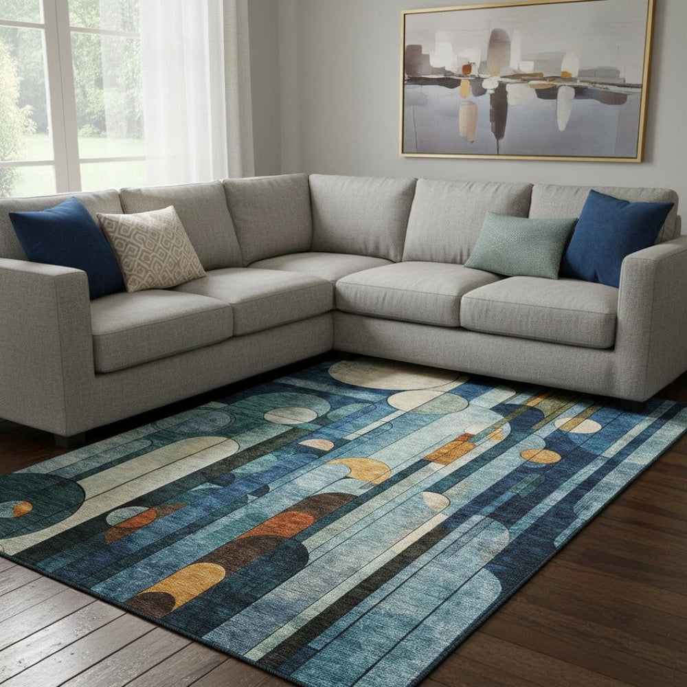 HomeRoots 10' Blue Copper Ivory Geometric Washable Area Rug - Durable, UV Protected, Perfect for High-Traffic Spaces! 685276