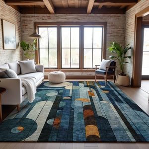 HomeRoots 10' Blue Copper Ivory Geometric Washable Area Rug - Durable, UV Protected, Perfect for High-Traffic Spaces! 685276