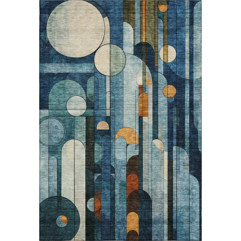 HomeRoots 10' Blue Copper Ivory Geometric Washable Area Rug - Durable, UV Protected, Perfect for High-Traffic Spaces! 685276