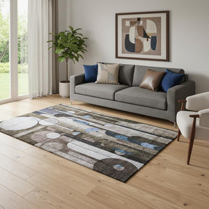 HomeRoots 5' X 8' Stylish Brown Blue Beige Geometric Area Rug - Washable, UV Protected, Stain Resistant Design 685278