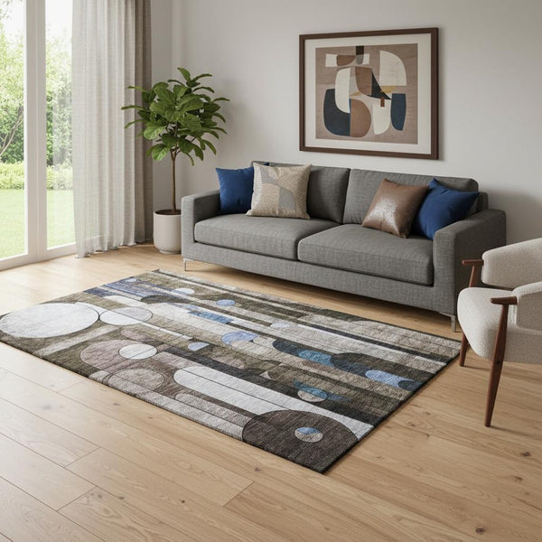 HomeRoots 5' X 8' Stylish Brown Blue Beige Geometric Area Rug - Washable, UV Protected, Stain Resistant Design 685278