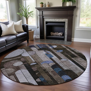 HomeRoots 8' Geometric Washable Round Rug in Brown, Blue & Beige - UV Protected, Stain Resistant & Durable Design 685279