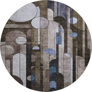 HomeRoots 8' Geometric Washable Round Rug in Brown, Blue & Beige - UV Protected, Stain Resistant & Durable Design 685279