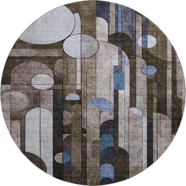 HomeRoots 8' Geometric Washable Round Rug in Brown, Blue & Beige - UV Protected, Stain Resistant & Durable Design 685279