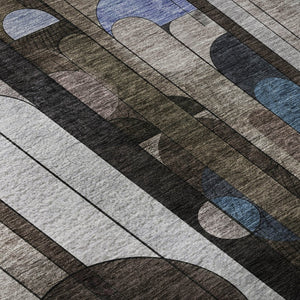 HomeRoots 8' Geometric Washable Round Rug in Brown, Blue & Beige - UV Protected, Stain Resistant & Durable Design 685279