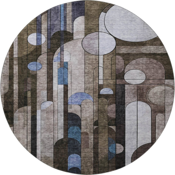 HomeRoots 8' Geometric Washable Round Rug in Brown, Blue & Beige - UV Protected, Stain Resistant & Durable Design 685279