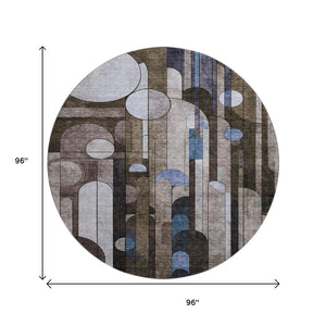 HomeRoots 8' Geometric Washable Round Rug in Brown, Blue & Beige - UV Protected, Stain Resistant & Durable Design 685279